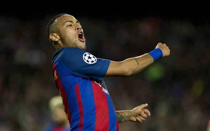 (161020) -- BARCELONA, Oct. 20, 2016 -- Barcelona s Neymar celebrates scoring during the UEFA Champions League Group C football match between Barcelona and Manchester City at the Camp Nou stadium in Barcelona, Spain, Oct. 19, 2016. Barcelona won 4-0. ) (SP)SPAIN-BARCELONA-UEFA CHAMPIONS LEAGUE LinoxDexVallier 