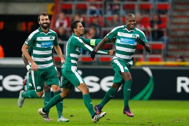 Panathinaikos forward Victor Ibarbo celebrates after scoring during a third game of the group stage (group G) of the Europa League competition between Belgian soccer team Standard de Liege and Greek soccer team Panathinaikos, Thursday 20 October 2016, in Liege. BRUNOxFAHY  x04962326x