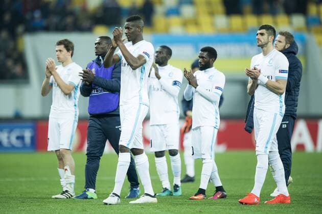 Gent s Kalifa Coulibaly, Gent s Nana Asare and Gent s Ibrahim Rabiu show defeat after a third game of the group stage (group H) of the Europa League competition between Ukraine club Shaktar Donetsk and Belgian soccer team KAA Gent, Thursday 20 October 2016, in Lviv, Ukraine. JASPERxJACOBS  x04962566x