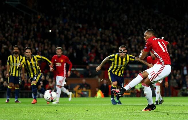 Anthony Martial of Manchester United ManU scores his sides second goal during the UEFA Europa League match at Old Trafford, Manchester. Picture date: October 20th, 2016. Pic Matt McNulty Sportimage EDITORIAL USE ONLY. No use with unauthorised audio, video, data, fixture lists, club league logos or live services. Online in-match use limited to 120 images, no video emulation. No use in betting, games or single club league player publications.