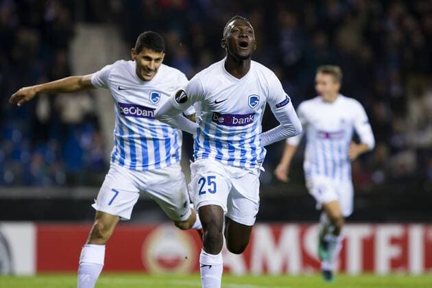 Genk s Nikolaos Karelis and Genk s Wilfried Onyinye Ndidi celebrate after scoring during a third game of the group stage (group F) of the Europa League competition between Belgian soccer team RC Genk and Portuguese soccer team Athletic Bilbao, Thursday 20 October 2016, in Genk. KRISTOFxVANxACCOM  x04962844x