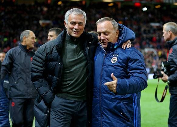 Manchester United ManU manager Jose Mourinho and Fenerbahce manager Dick Advocaat during the UEFA Europa League match at Old Trafford, Manchester. Picture date: October 20th, 2016. Pic Matt McNulty Sportimage EDITORIAL USE ONLY. No use with unauthorised audio, video, data, fixture lists, club league logos or live services. Online in-match use limited to 120 images, no video emulation. No use in betting, games or single club league player publications.