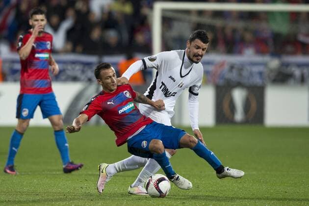 Ergys Kace, left, of Viktoria and Constantin Budescu of Astra in action during the European Football League third round group E match FC Viktoria Plzen vs FC Astra Giurgiu in Pilsen, Czech Republic, October 20, 2016. (CTKxPhoto MichalxKamaryt) CTKPhotoP201610201223401  kmt 1