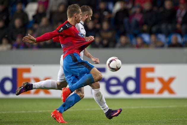 Lukas Hejda, left, of Viktoria and Denis Alibec of Astra in action during the European Football League third round group E match FC Viktoria Plzen vs FC Astra Giurgiu in Pilsen, Czech Republic, October 20, 2016. (CTKxPhoto MichalxKamaryt) CTKPhotoP201610201296301  kmt 3