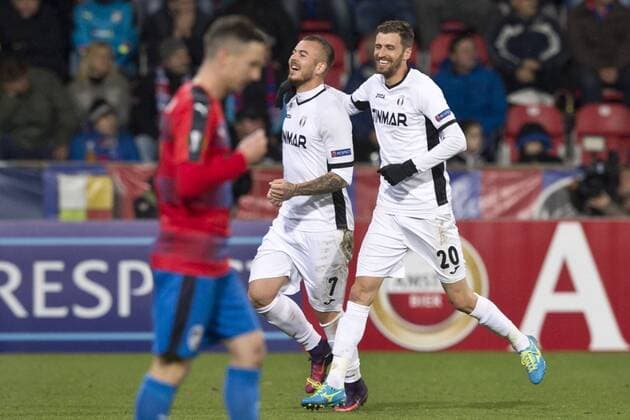 Denis Alibec, center, and Florin Lovin of Astra celebrate a goal during the European Football League third round group E match FC Viktoria Plzen vs FC Astra Giurgiu in Pilsen, Czech Republic, October 20, 2016. At left is Milan Petrzela of Viktoria. (CTKxPhoto MichalxKamaryt) CTKPhotoP201610201332101  kmt 16