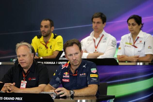 United States Grand Prix, Austin 20 - 23 October 2016 21.10.2016 - press conference PK Pressekonferenz (Row back) Cyril Abiteboul (FRA) Renault F1 Managing Director, Toto Wolff (GER) Mercedes AMG F1 Shareholder and Executive Director, Monisha Kaltenborn (AUT), CEO and Team Principal, Sauber F1 Team, Gene Haas (USA), head of the Haas F1 Team, Daniel Ricciardo (AUS) Red Bull Racing RB12 