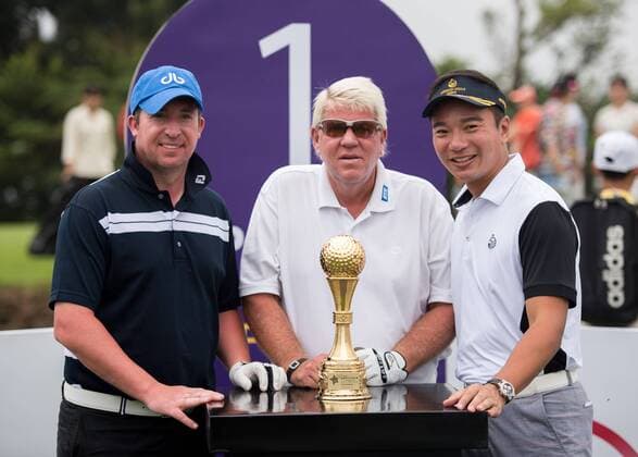 October 23, 2016 - Haikou, Hainan, China - One the first tee.L to R Footballer Robbie Fowler, golfer John Daly and Tenniel Chu,Vice Chairman of Mission Hills Group.Prize presentation ceremony at the Blackstone course in Mission Hills resort Haikou during the 2nd round of the 4th World celebrity Pro-am. .Blackstone course, Mission Hills resort, Haikou, Hainan Island China. Round 2 of the Mission Hills 4th World celebrity Pro-Am tournament 2016 - ZUMAr144 20161023_zap_r144_004