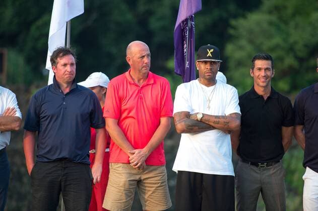 October 23, 2016 - Haikou, Hainan, China - L to R Footballer Robbie Fowler, footballer Gary McAllister, Basketballer Allen Iverson and footballer Luis Javier Garcia Sanz footballer.Prize presentation ceremony at the Blackstone course in Mission Hills resort Haikou during the 2nd round of the 4th World celebrity Pro-am. .Blackstone course, Mission Hills resort, Haikou, Hainan Island China. Round 2 of the Mission Hills 4th World celebrity Pro-Am tournament 2016 - ZUMAr144 20161023_zap_r144_024