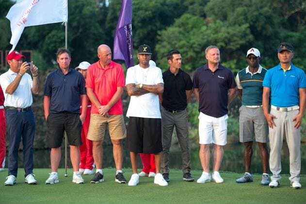 October 23, 2016 - Haikou, Hainan, China - L to R Golfer Rich Beem,f ootballer Robbie Fowler, footballer Gary McAllister, Basketballer Allen Iverson, footballer Luis Javier Garcia Sanz footballer David May footballer Dwight Yorke and Chinese actor Cao Weiyu.Prize presentation ceremony at the Blackstone course in Mission Hills resort Haikou during the 2nd round of the 4th World celebrity Pro-am. .Blackstone course, Mission Hills resort, Haikou, Hainan Island China. Round 2 of the Mission Hills 4th World celebrity Pro-Am tournament 2016 - ZUMAr144 20161023_zap_r144_032