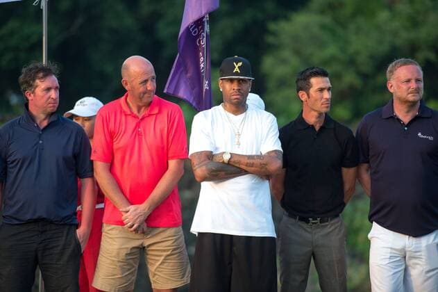 October 23, 2016 - Haikou, Hainan, China - L to R Robbie Fowler, footballer Gary McAllister, Basketballer Allen Iverson, footballer Luis Javier Garcia Sanz footballer David May.Prize presentation ceremony at the Blackstone course in Mission Hills resort Haikou during the 2nd round of the 4th World celebrity Pro-am. .Blackstone course, Mission Hills resort, Haikou, Hainan Island China. Round 2 of the Mission Hills 4th World celebrity Pro-Am tournament 2016 - ZUMAr144 20161023_zap_r144_034