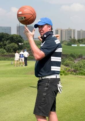 October 23, 2016 - Haikou, Hainan, China - Footballer Robbie Fowler during a basketball shoot out on the 17th tee at the Blackstone course in Mission Hills resort Haikou during the 2nd round of the 4th World celebrity Pro-am. .Blackstone course, Mission Hills resort, Haikou, Hainan Island China. Round 2 of the Mission Hills 4th World celebrity Pro-Am tournament 2016 - ZUMAr144 20161023_zap_r144_048