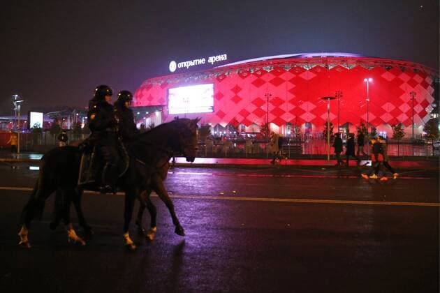 MOSCOW, RUSSIA - OCTOBER 29, 2016: Mounted police on guard outside Otkrytiye Arena Stadium, the venue of a 2016 2017 Russian Premier League Round 12 football match between Spartak Moscow and CSKA Moscow. Dmitry Serebryakov TASS  TS035EB5