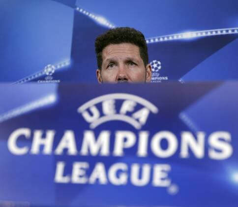 Simeone attends press conference PK Pressekonferenz before the Champions League match against Rostov. xÃngelxRiverox 