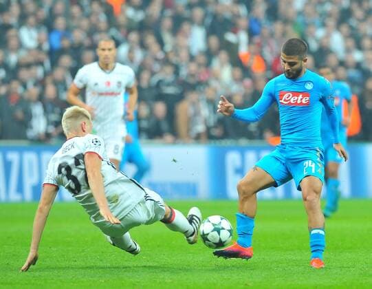 Napoli s Lorenzo Insigne and Besiktas Andreas Beck, vie for the ball during a Champions League, group B soccer match, between Napoli and Besiktas at Vodafone Arena in Istanbul, 1st of November, 2016. (  Copyright: AzizxUzunx-xDepoxPhotos 15551913