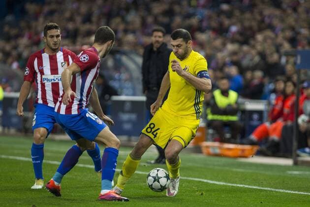 Atletico de Madrid s Gabi Fernandez Koke Resurrecccion an FC Rostov s Aleksandr Gatskan during the match of UEFA Champions League between Atletico de Madrid and FC Rostov, at Vicente Calderon Stadium, Madrid, Spain. November 01, 2016.  (20161101005)