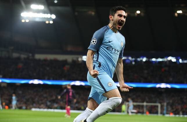 Football - 2016 2017 UEFA Champions League - Group C: Manchester City vs. Barcelona Ilkay Gundogan of Manchester City celebrates scoring during the match at The Etihad Stadium. COLORSPORT LYNNE CAMERON 