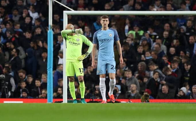 Football - 2016 2017 UEFA Champions League - Group C: Manchester City vs. Barcelona Willy Caballero of Manchester City reacts after Barcelona score during the match at The Etihad Stadium. COLORSPORT LYNNE CAMERON 