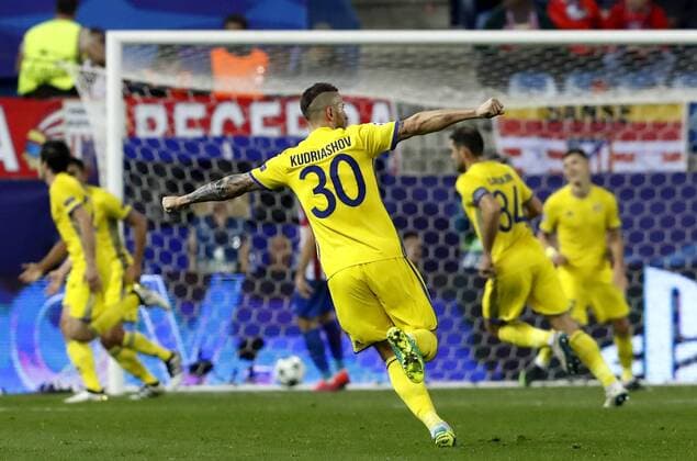 Rostov s players celebrate the first goal against Atletico de Madrid during the UEFA Champions League 4th round groups phase match that Atletico de Madrid and Rostov played at Vicente Calderon stadium in Madrid, Spain, 01 November 2016. EFE Javier Lizon ATLETICO MADRID VS. ROSTOV !ACHTUNG: NUR REDAKTIONELLE NUTZUNG!  MAD001 20161101-636136342066845168