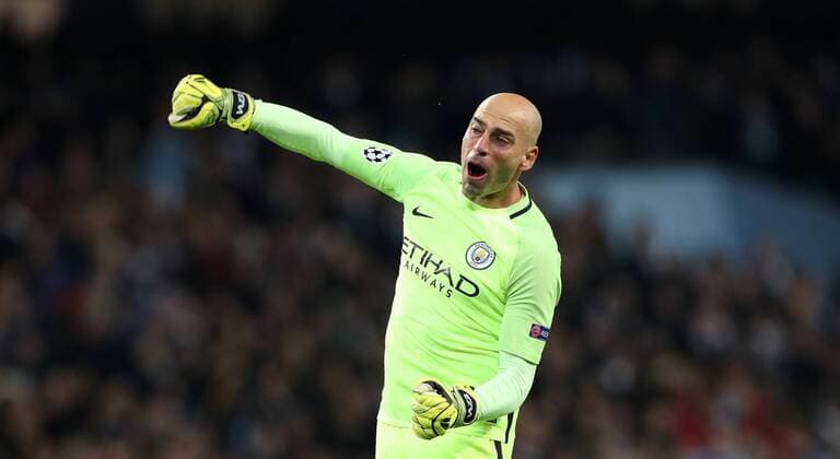 Football - 2016 2017 UEFA Champions League - Group C: Manchester City vs. Barcelona Willy Caballero of Manchester City celebrates after Ilkay Gundogan of Manchester City scores his second goal during the match at The Etihad Stadium. COLORSPORT LYNNE CAMERON 