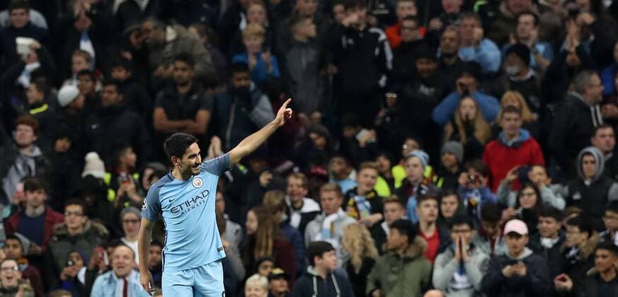 Football - 2016 2017 UEFA Champions League - Group C: Manchester City vs. Barcelona Ilkay Gundogan of Manchester City celebrates scoring his second goal during the match at The Etihad Stadium. COLORSPORT LYNNE CAMERON 