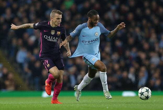 Lucas Digne of Barcelona tussles with Raheem Sterling of Manchester City during the Champions League Group C match at the Etihad Stadium, Manchester. Picture date: November 1st, 2016. Pic Simon Bellis Sportimage EDITORIAL USE ONLY. No use with unauthorised audio, video, data, fixture lists, club league logos or live services. Online in-match use limited to 120 images, no video emulation. No use in betting, games or single club league player publications.
