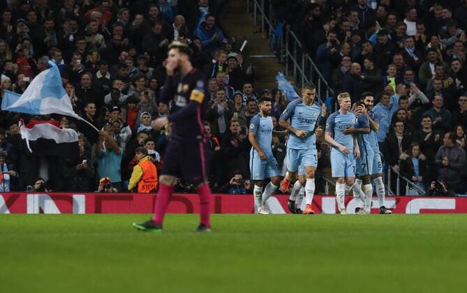 (161102) -- MANCHESTER, Nov. 2, 2016 -- Players of Manchester City celebrate after scoring during the UEFA Champions League Group C match between Manchester City and Barcelona at Etihad Stadium in Manchester, Britain, on Nov. 1, 2016. Manchester City won 3-1. ) (SP)BRITAIN-MANCHESTER-SOCCER-UEFA CHAMPIONS LEAGUE-MAN CITY VS BARCELONA HanxYan 