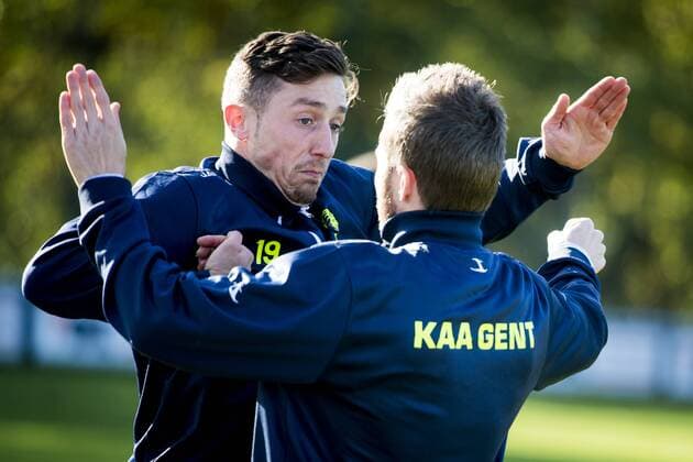 Gent s Brecht Dejaegere and Gent s Lasse Nielsen pictured in action during a training session of Belgian soccer team KAA Gent, Wednesday 02 November 2016, in Gent. Tomorrow Gent is playing Ukrainian club FC Shakhtar Donetsk in the fourth match of the group stage of the Europa League competition, in Group H. JASPERxJACOBS  x04970824x