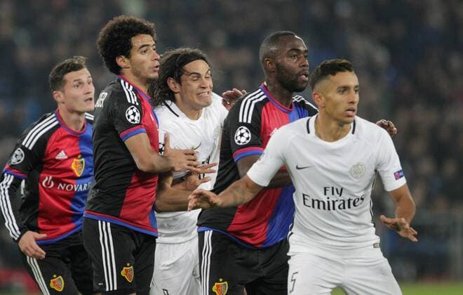01 11 2016. Basel, Switzerland. Edinson Cavaini and Marquinhosi (Paris Saint Germain) in action during the champions league match against FC Basel Paris Saint Germain at St. Jakob Park in Basel, Switzerland xlaurent.lairysx  ActionPlus11806864