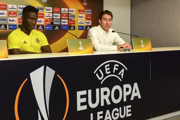 Rene Weiler and Mbodj Kara FOOTBALL : Conference de presse Anderlecht - Ligue Europa - 02 11 2016 Photonews Panoramic 