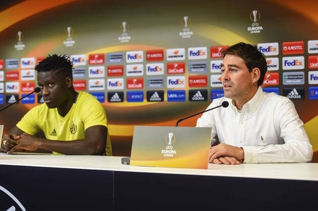Rene Weiler and Mbodj Kara FOOTBALL : Conference de presse Anderlecht - Ligue Europa - 02 11 2016 Photonews Panoramic 