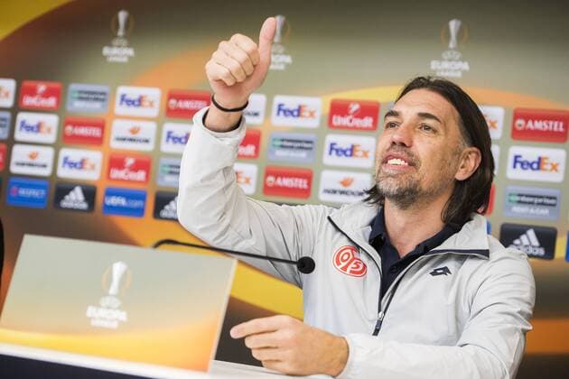 Mainz head coach Swiss Martin Schmidt pictured during a press conference PK Pressekonferenz of German soccer club 1. FSV Mainz 05, Wednesday 02 November 2016 in Brussels. Tomorrow Mainz is playing the fourth game of the group stage of the Europa League competition against Belgian team RSC Anderlecht, in the group C. LAURIExDIEFFEMBACQ  x04971199x