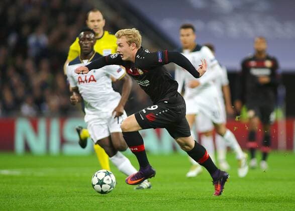 02.11.2016. Wembley, London, England. UEFA Champions League Football. Tottenham Hotspur versus Bayer Leverkusen. Bayer Leverkusen Midfielder Julian Brandt attacks the Tottenham defence xMarkxKertonx  ActionPlus11806942