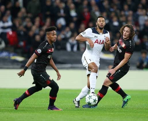 Tottenham s Mousa Dembele tussles with Leverkusen s Julian Baumgartlinger during the Tottenham Hotspur - Bayer Leverkusen Champions League group E match at the Wembley Stadium, London. Picture date November 2nd, 2016 Pic David Klein Sportimage EDITORIAL USE ONLY. No use with unauthorised audio, video, data, fixture lists, club league logos or live services. Online in-match use limited to 120 images, no video emulation. No use in betting, games or single club league player publications.