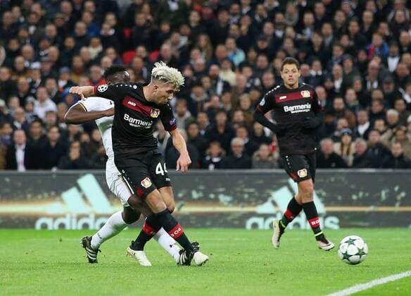 Leverkusen s Kevin Kampl scoring his sides opening goal during the Tottenham Hotspur - Bayer Leverkusen Champions League group E match at the Wembley Stadium, London. Picture date November 2nd, 2016 Pic David Klein Sportimage EDITORIAL USE ONLY. No use with unauthorised audio, video, data, fixture lists, club league logos or live services. Online in-match use limited to 120 images, no video emulation. No use in betting, games or single club league player publications.