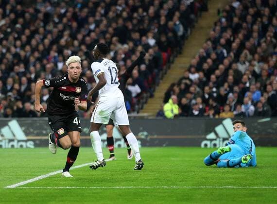 Leverkusen s Kevin Kampl celebrates scoring his sides opening goal during the Tottenham Hotspur - Bayer Leverkusen Champions League group E match at the Wembley Stadium, London. Picture date November 2nd, 2016 Pic David Klein Sportimage EDITORIAL USE ONLY. No use with unauthorised audio, video, data, fixture lists, club league logos or live services. Online in-match use limited to 120 images, no video emulation. No use in betting, games or single club league player publications.