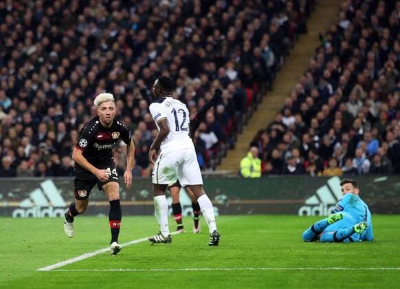 Leverkusen s Kevin Kampl celebrates scoring his sides opening goal during the Tottenham Hotspur - Bayer Leverkusen Champions League group E match at the Wembley Stadium, London. Picture date November 2nd, 2016 Pic David Klein Sportimage EDITORIAL USE ONLY. No use with unauthorised audio, video, data, fixture lists, club league logos or live services. Online in-match use limited to 120 images, no video emulation. No use in betting, games or single club league player publications.