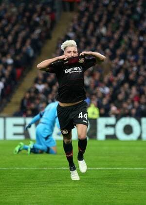 Leverkusen s Kevin Kampl celebrates scoring his sides opening goal during the Tottenham Hotspur - Bayer Leverkusen Champions League group E match at the Wembley Stadium, London. Picture date November 2nd, 2016 Pic David Klein Sportimage EDITORIAL USE ONLY. No use with unauthorised audio, video, data, fixture lists, club league logos or live services. Online in-match use limited to 120 images, no video emulation. No use in betting, games or single club league player publications.