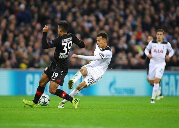 02.11.2016. Wembley, London, England. UEFA Champions League Football. Tottenham Hotspur versus Bayer Leverkusen. Tottenham Hotspur Midfielder Dele Alli has his shot deflected wide by Bayer Leverkusen Midfielder Benjamin Henrichs xMarkxKertonx  ActionPlus11806965