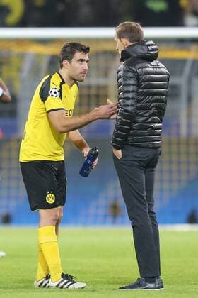 v.li.: nach dem Spiel Sokratis (Borussia Dortmund) Trainer Thomas Tuchel (Borussia Dortmund) , Fussball, UEFA Champions League, Borussia Dortmund - Sporting Lissabon, xtvx
