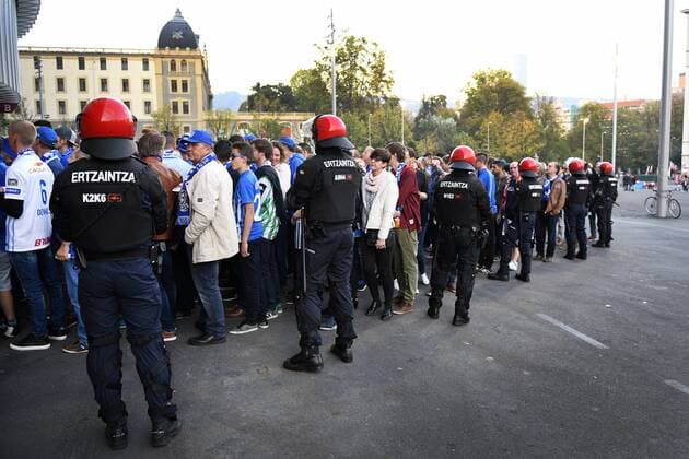 Genk s supporters pictured during a security check before the start of the soccer game between Spanish Club Athletic Bilbao and Belgian team KRC Genk in Bilbao, Spain, Thursday 03 November 2016, the fourth game of the group stage of the Europa League competition in Group F. YORICKxJANSENS  x04971555x