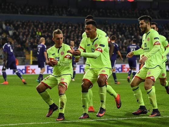 03.11.2016, xjhx, Fussball UEFA Europa League, RSC Anderlecht - FSV Mainz 05, emspor, v.l. Pablo de Blasis (FSV Mainz 05) celebrate the goal, Torjubel zum 1:1 Anderlecht