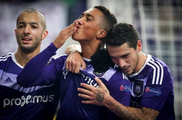 Anderlecht s Sofiane Hanni, Anderlecht s Youri Tielemans and Anderlecht s Nicolae-Claudiu Stanciu celebrate after scoring during a soccer game between Belgian team RSC Anderlecht and German club 1. FSV Mainz 05, Thursday 03 November 2016 in Brussels, the fourth game of the group stage of the Europa League competition in the group C. VIRGINIExLEFOUR  x04971757x