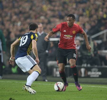UEFA Europa League Group A day 4 match between Fenerbahce and Manchester United ManU at Ulker Stadium in Istanbul , Turkey , November 03 , 2016. Pictured: Sener Ozbayrakli of Fenerbahce and Anthony Martial 11 of Manchester United. 