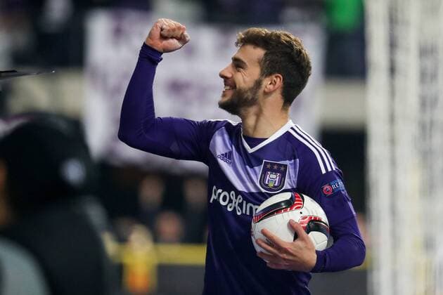 Anderlecht s Massimo Bruno celebrates after scoring during a soccer game between Belgian team RSC Anderlecht and German club 1. FSV Mainz 05, Thursday 03 November 2016 in Brussels, the fourth game of the group stage of the Europa League competition in the group C. VIRGINIExLEFOUR  x04971850x