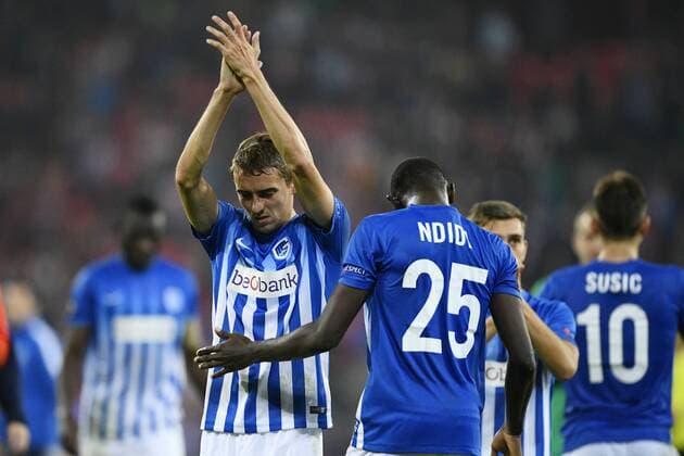 Genk s Timothy Castagne and Genk s Wilfried Onyinye Ndidi pictured after a soccer game between Spanish Club Athletic Bilbao and Belgian team KRC Genk in Bilbao, Spain, Thursday 03 November 2016, the fourth game of the group stage of the Europa League competition in Group F. YORICKxJANSENS  x04971849x