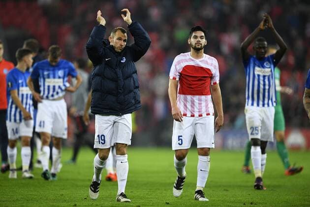 Genk s Thomas Buffel and Genk s Sandy Walsh pictured after a soccer game between Spanish Club Athletic Bilbao and Belgian team KRC Genk in Bilbao, Spain, Thursday 03 November 2016, the fourth game of the group stage of the Europa League competition in Group F. YORICKxJANSENS  x04971840x