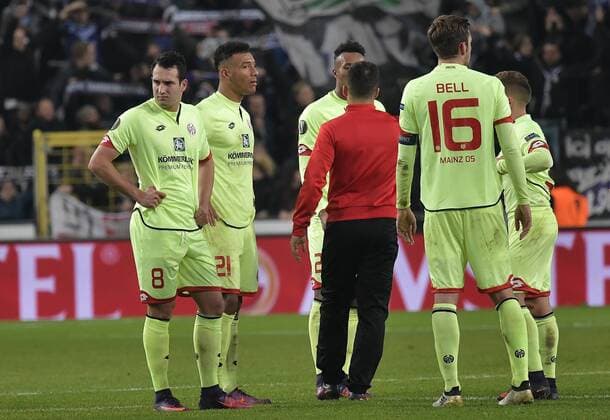 xtwx, 03.11.2016, Fussball Europa League, RSC Anderlecht - FSV Mainz 05, Gruppe C - 4. Spieltag Enttäuschung nach dem Schlusspfiff, Levin Oeztunali, Karim Onisiwo, Stefan Bell, Pablo de Blasis (Mainz) Brüssel