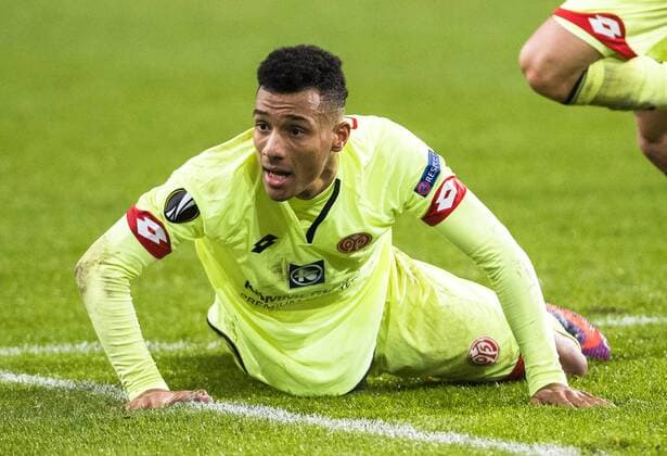 Mainz midfielder Karim Onisiwo lies dejected on the ground during a soccer game between Belgian team RSC Anderlecht and German club 1. FSV Mainz 05, Thursday 03 November 2016 in Brussels, the fourth game of the group stage of the Europa League competition in the group C. LAURIExDIEFFEMBACQ  x04971923x