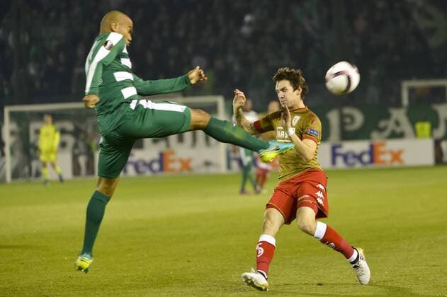 Panathinaikos defender Rodrigo Moledo and Standard s Benito Raman pictured during a soccer game between Greek club Panathinaikos F.C. and Belgian team Standard de Liege in Athens, Greece, Thursday 03 November 2016, the fourth game of the group stage of the Europa League competition in Group G. NICOLASxLAMBERT  x04971929x