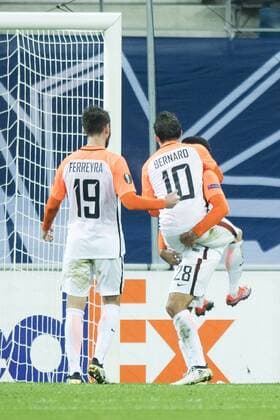 Shakhtar Donetsk s forward Facundo Ferreyra, Shakhtar Donetsk s midfielder Bernard and Shakhtar Donetsk s midfielder Taison celebrate after scoring during a soccer game between Belgian team KAA Gent and Ukrainian club FC Shakhtar Donetsk, in Gent Thursday 03 November 2016, the fourth match of the group stage of the Europa League competition in Group H. JASPERxJACOBS  x04971992x